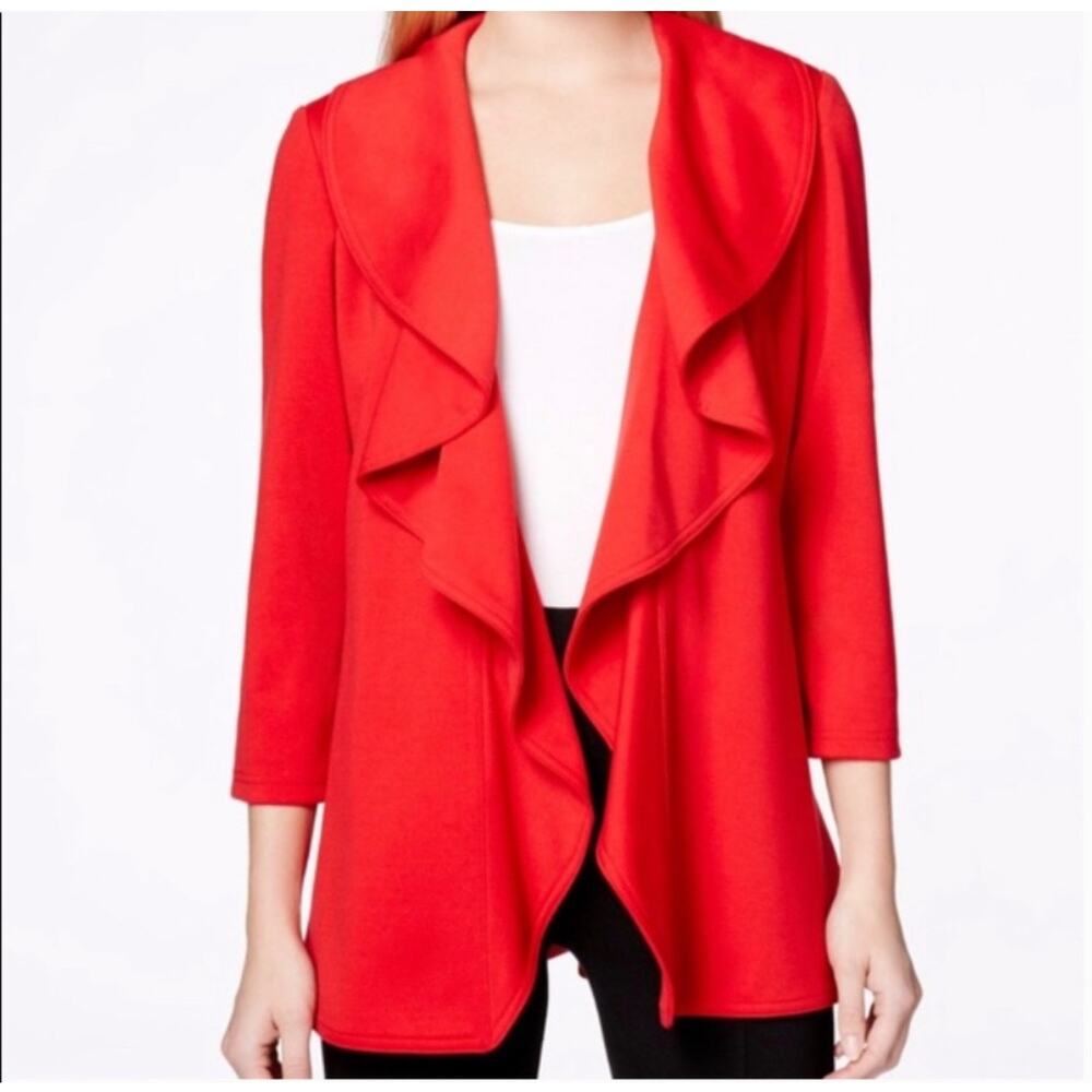 Calvin Klein Blazer Suit Jacket Topper‎ Ruffle Open Front 3/4 Sleeve Red Size 8